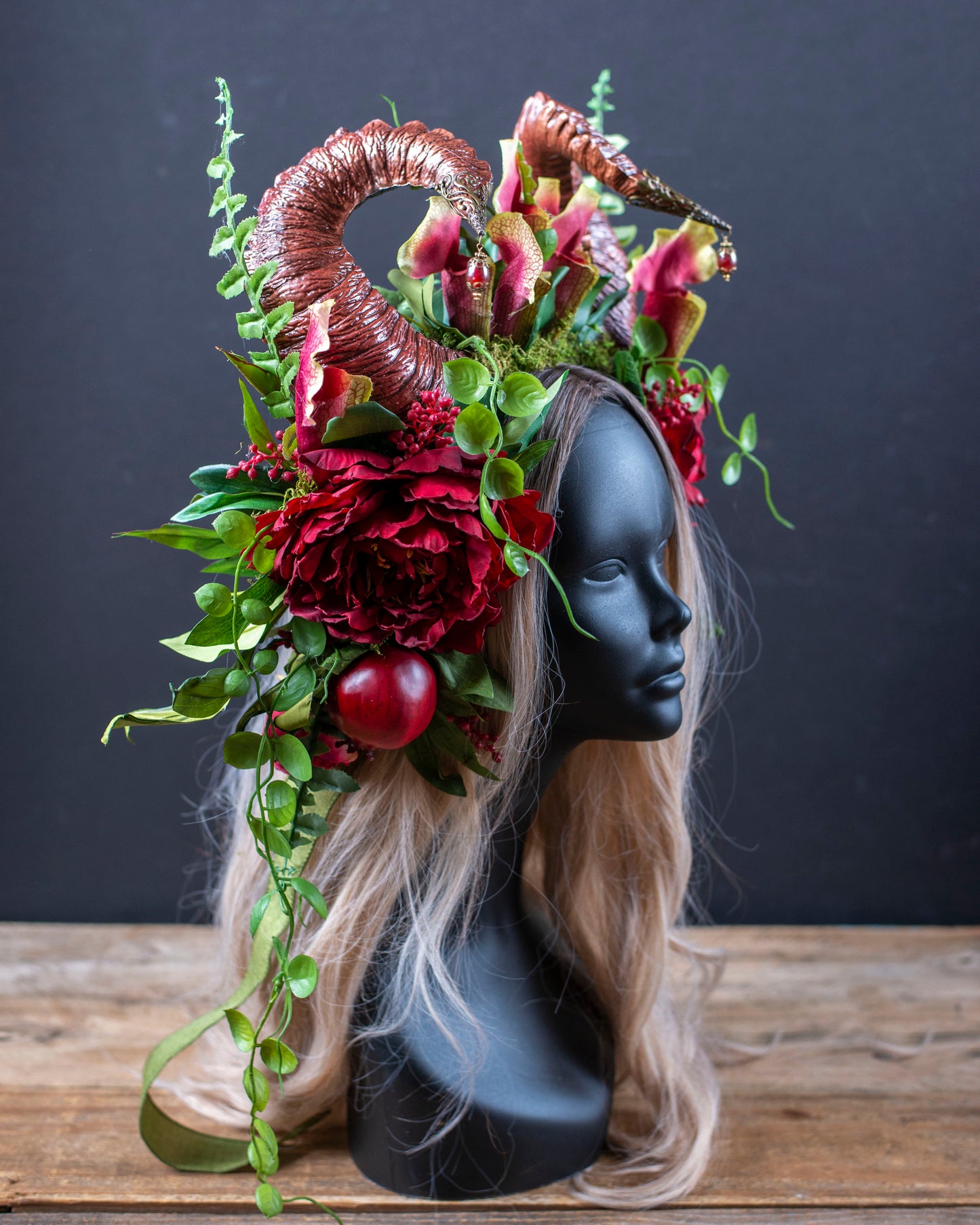 Burgundy Ram Horn Headdress – Fairy Crown, Forest Goddess Headpiece, Renaissance Festival Costume