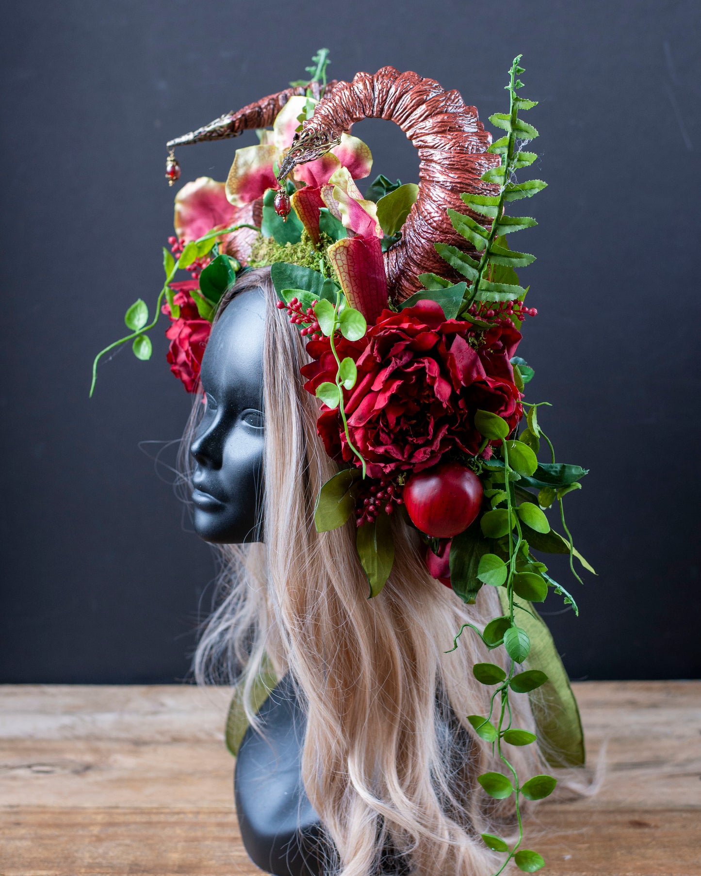 Burgundy Ram Horn Headdress – Fairy Crown, Forest Goddess Headpiece, Renaissance Festival Costume