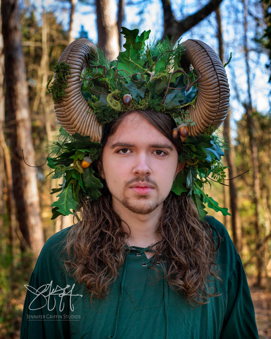 Green Man Ram Horn Headdress – Forest Spirit Crown for Men, Lightweight & Adjustable