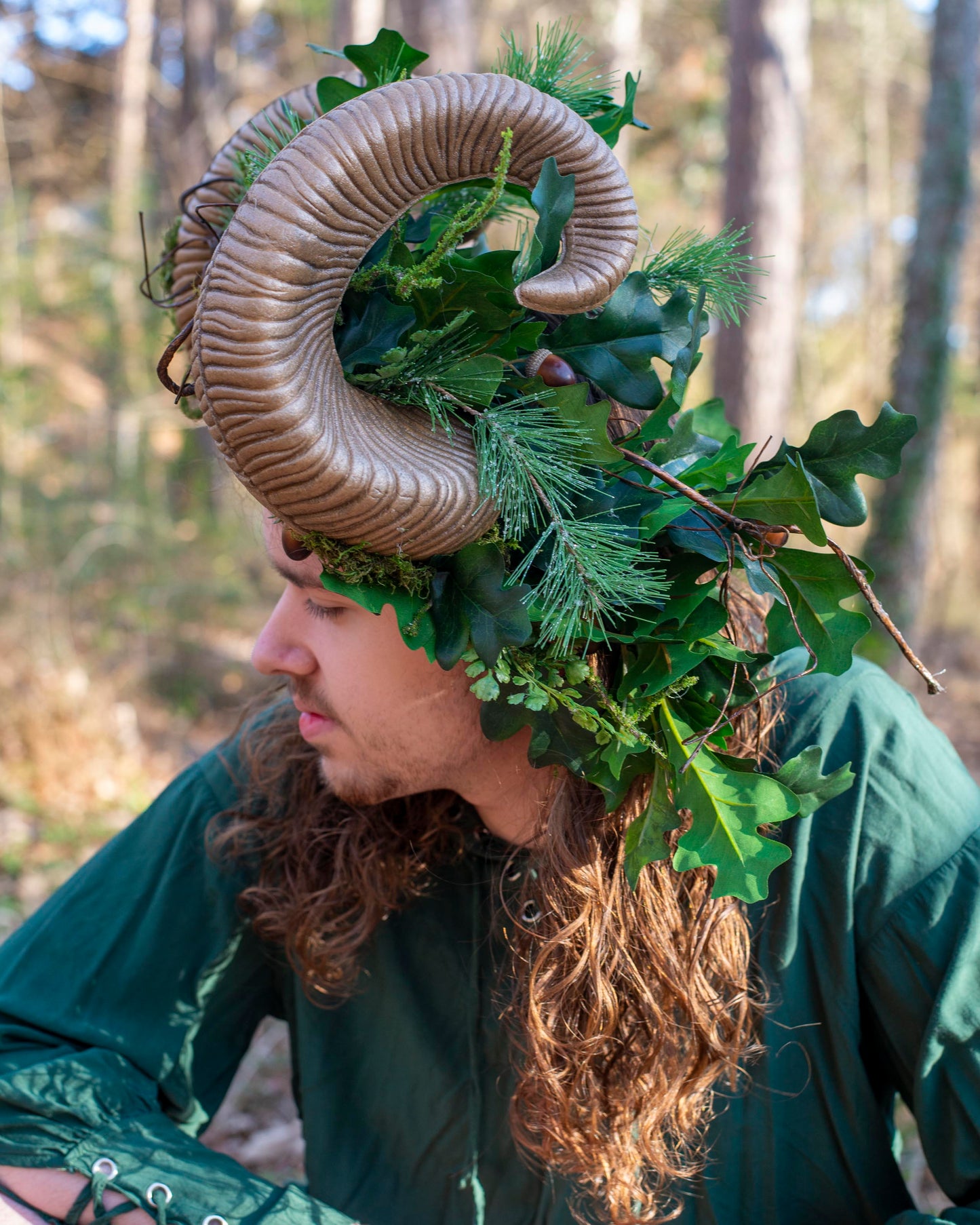 Green Man Ram Horn Headdress – Forest Spirit Crown for Men, Lightweight & Adjustable