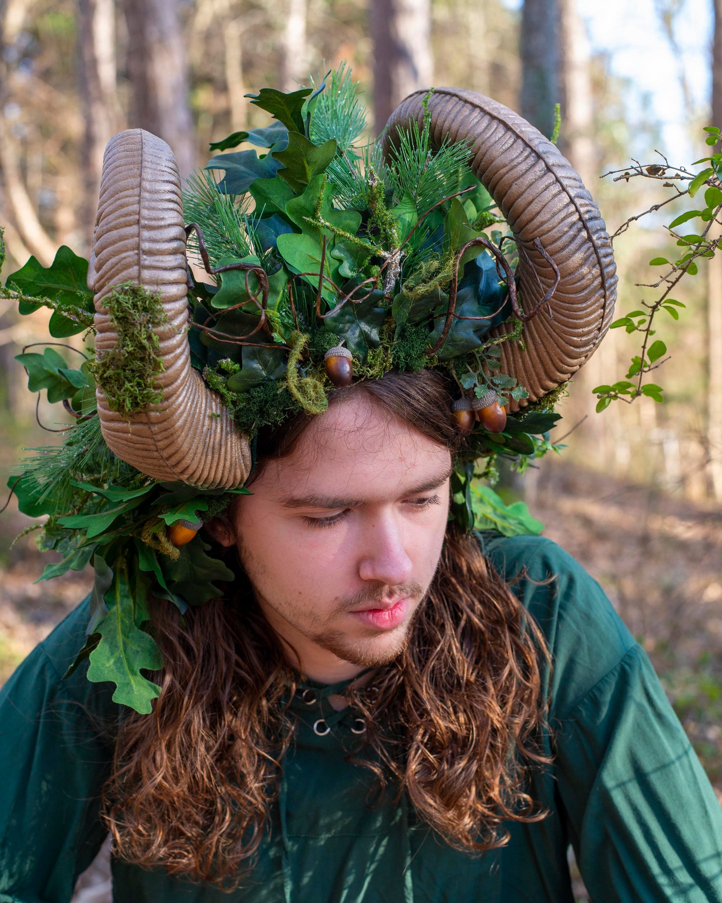 Green Man Ram Horn Headdress – Forest Spirit Crown for Men, Lightweight & Adjustable