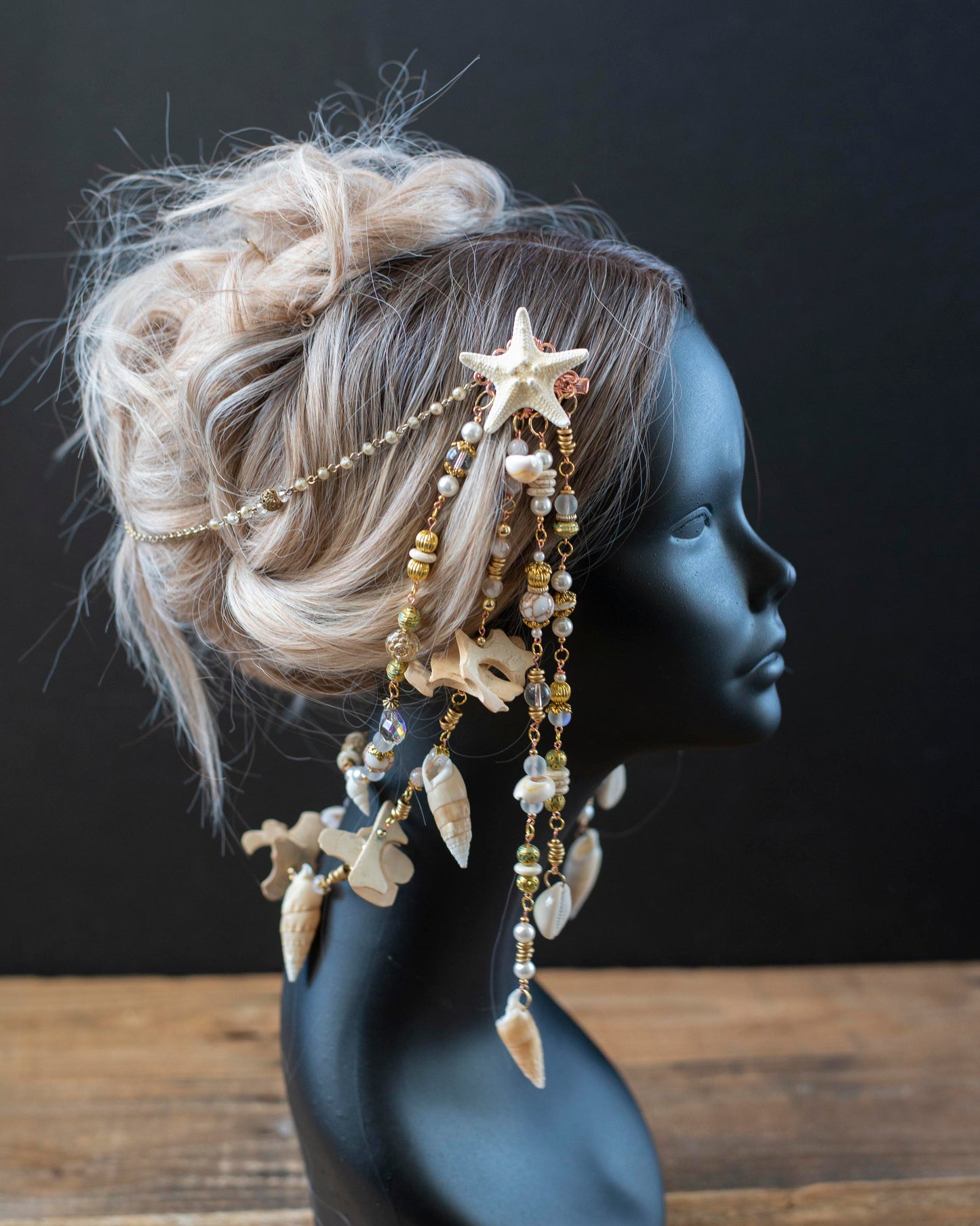 White & Gold Mermaid Headpiece – Starfish Crown with Vintage Beads & Seashells