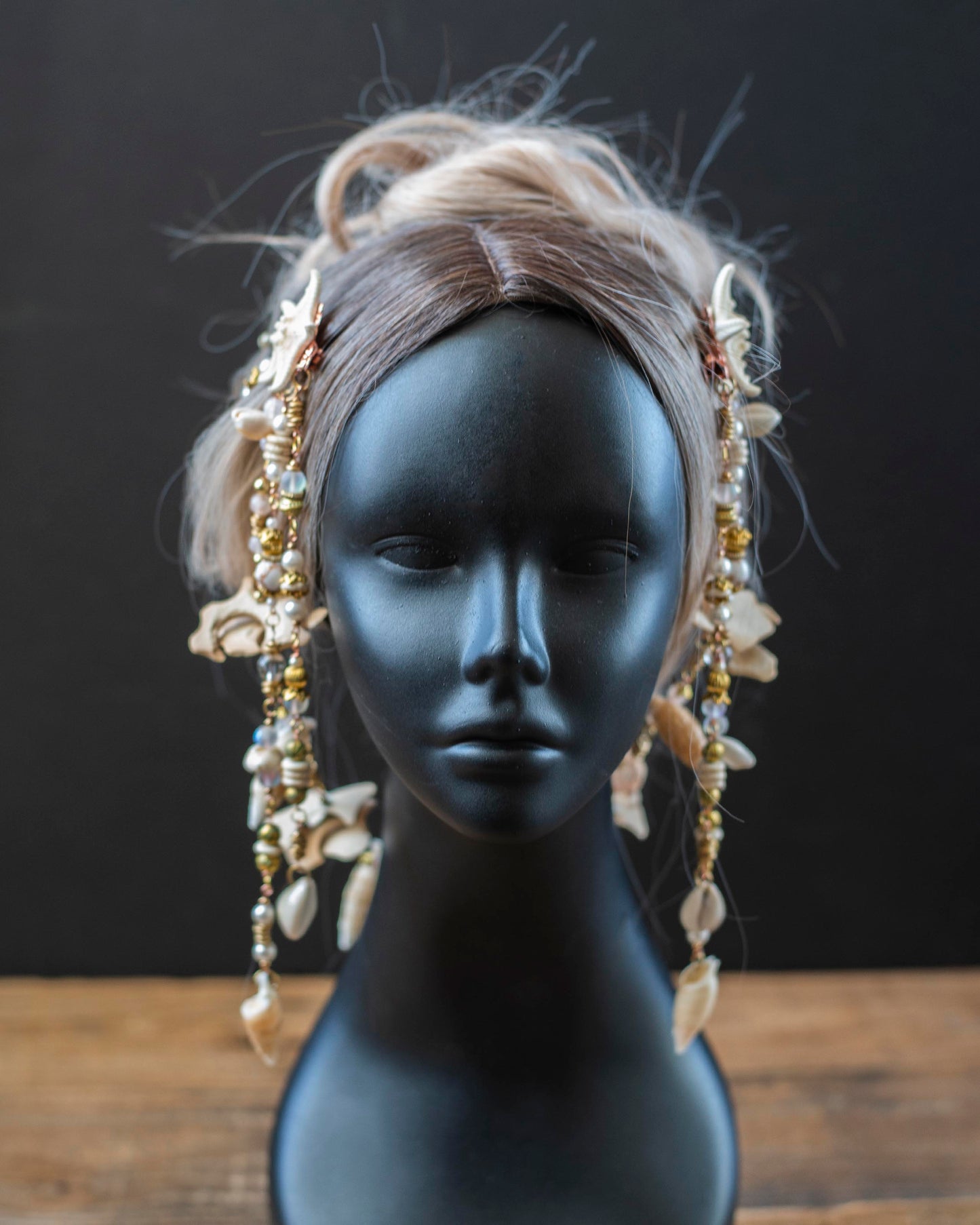 White & Gold Mermaid Headpiece – Starfish Crown with Vintage Beads & Seashells