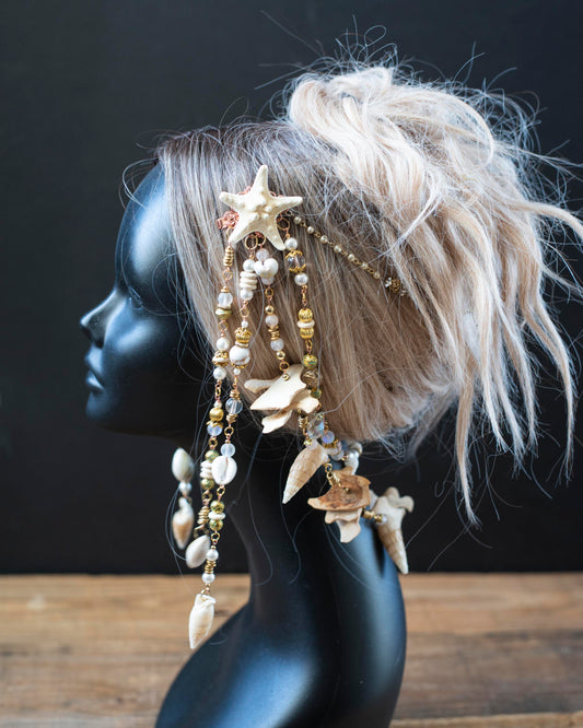 White & Gold Mermaid Headpiece – Starfish Crown with Vintage Beads & Seashells