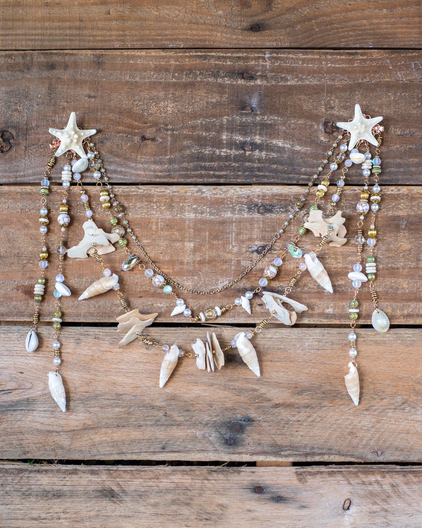 White & Gold Mermaid Headpiece – Starfish Crown with Vintage Beads & Seashells