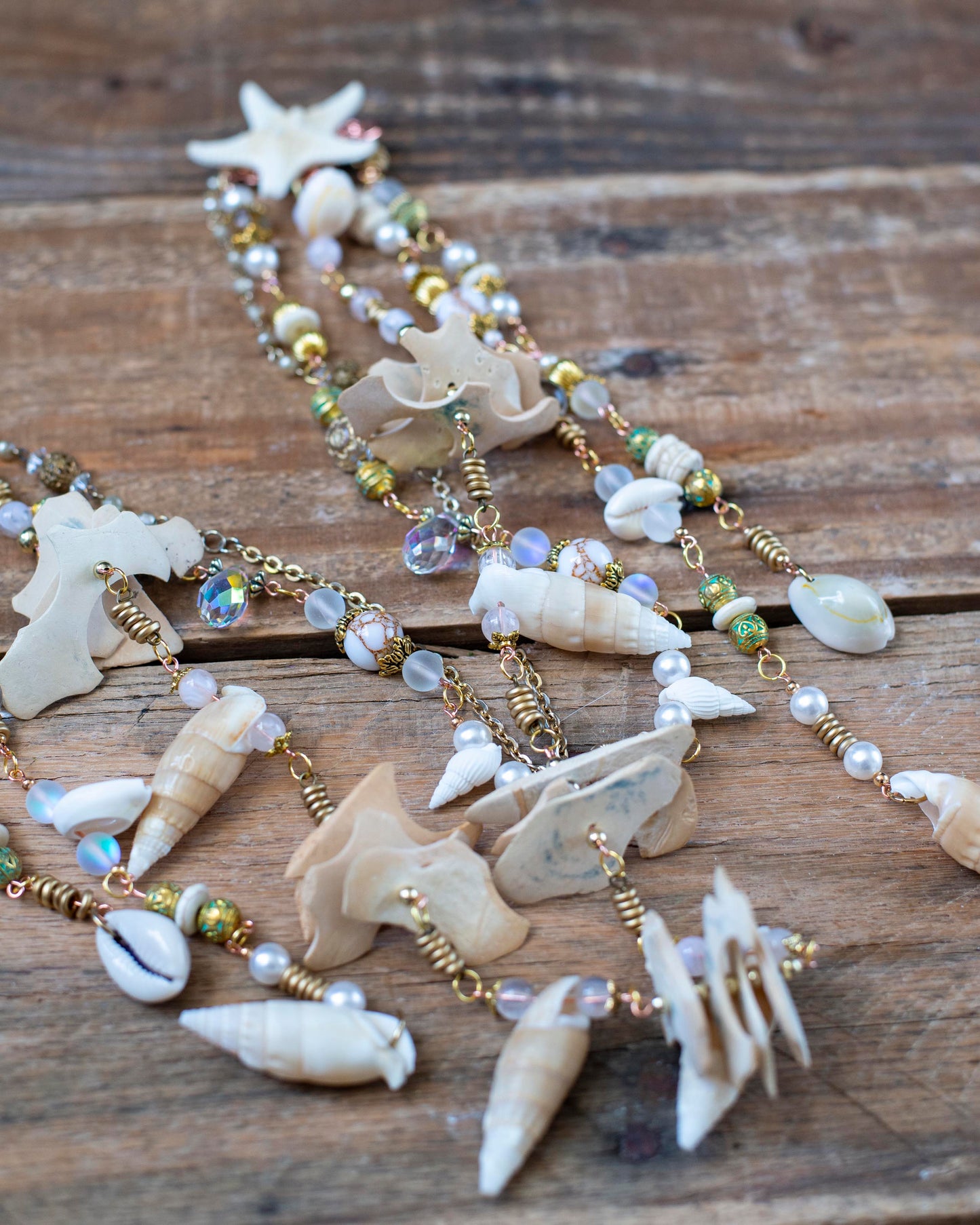 White & Gold Mermaid Headpiece – Starfish Crown with Vintage Beads & Seashells