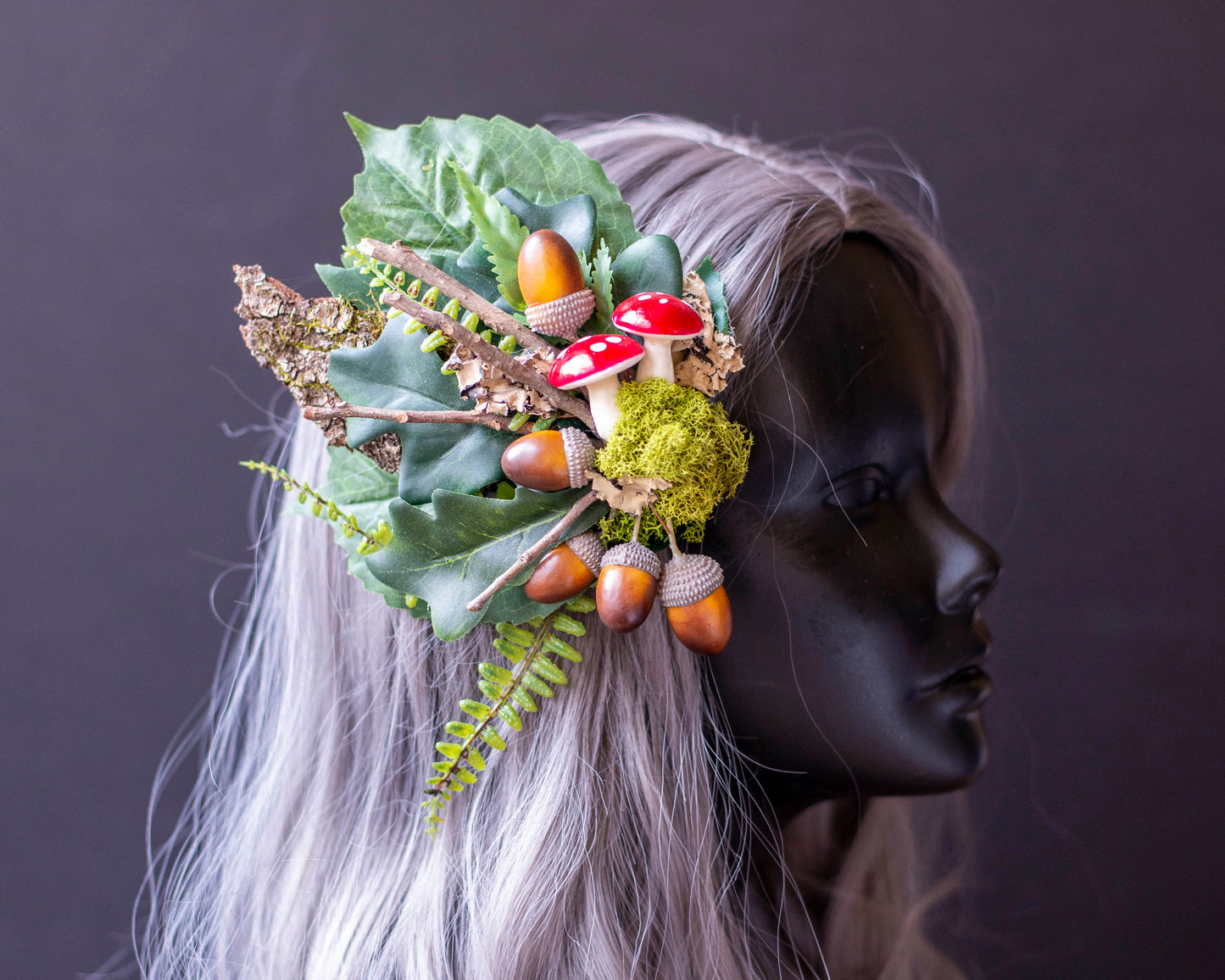 Autumn Forest Fairy Hair Clip with Acorns and Mushrooms