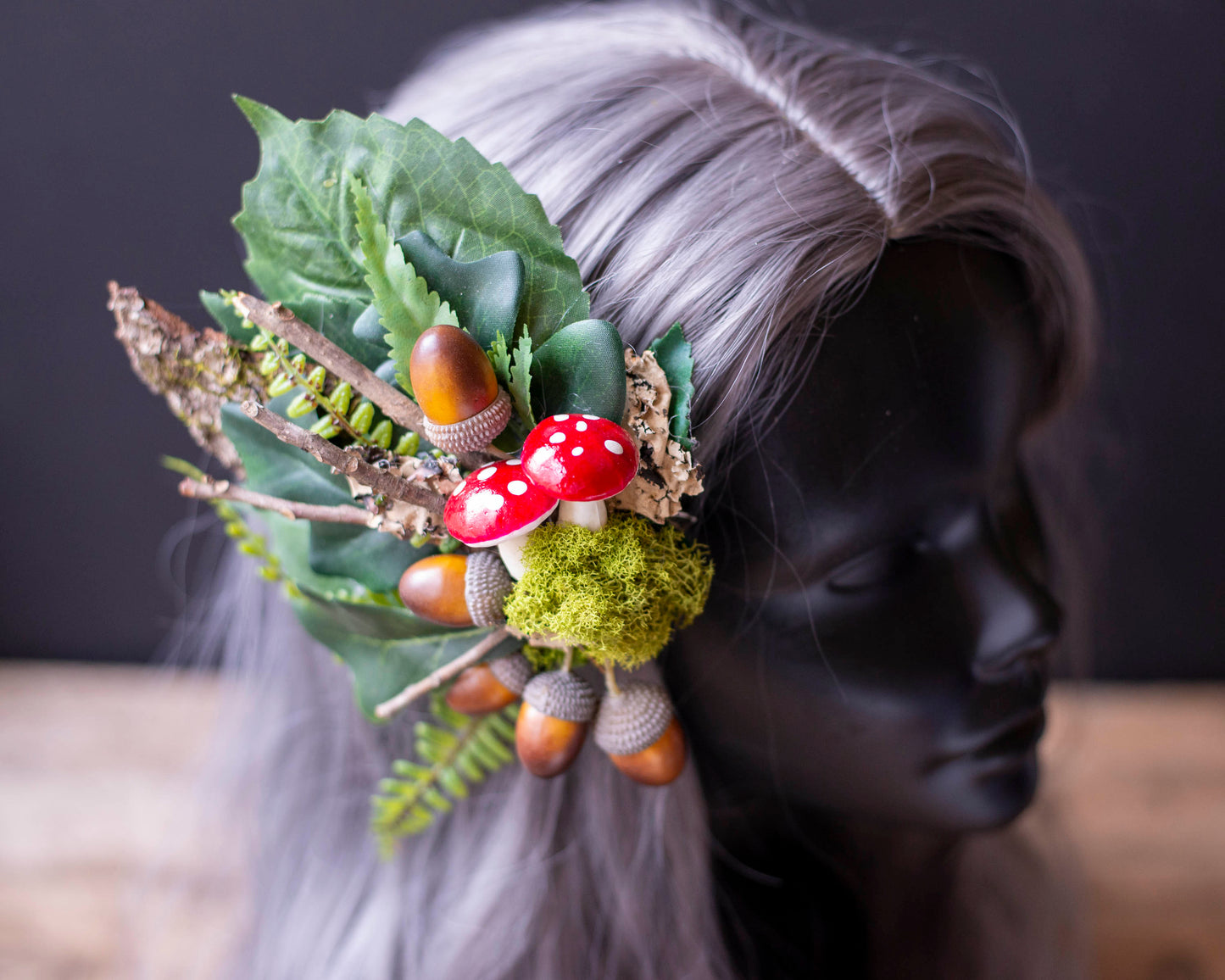 Autumn Forest Fairy Hair Clip with Acorns and Mushrooms