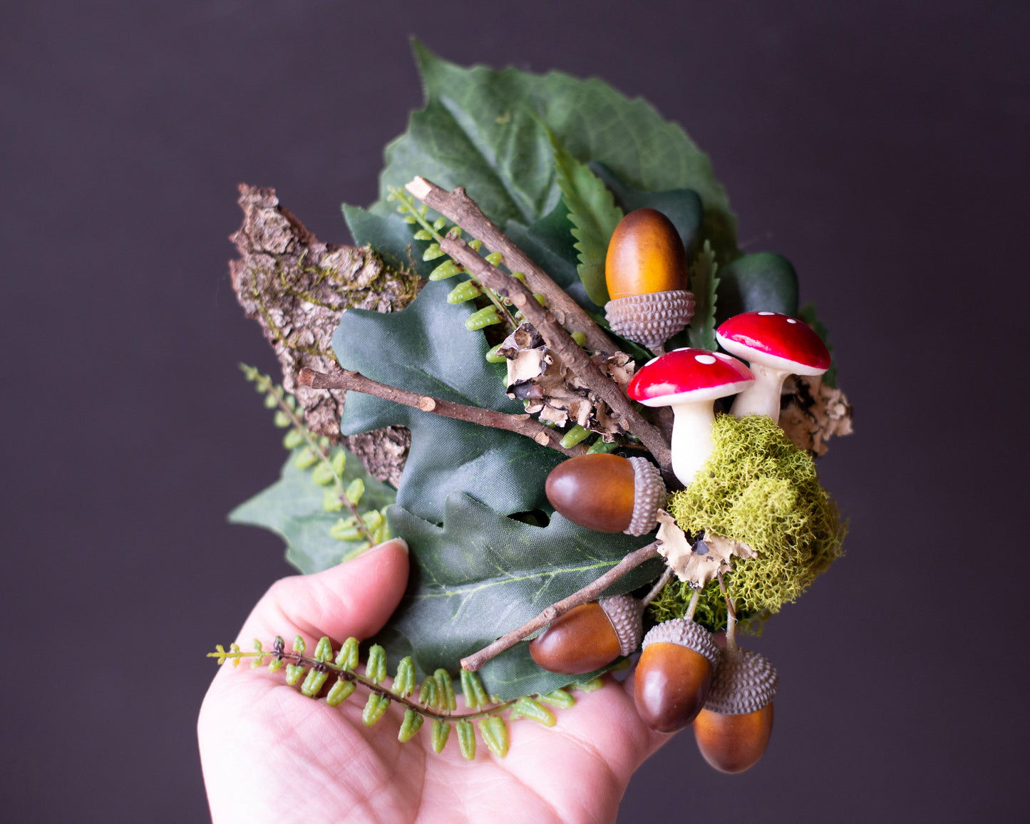 Autumn Forest Fairy Hair Clip with Acorns and Mushrooms