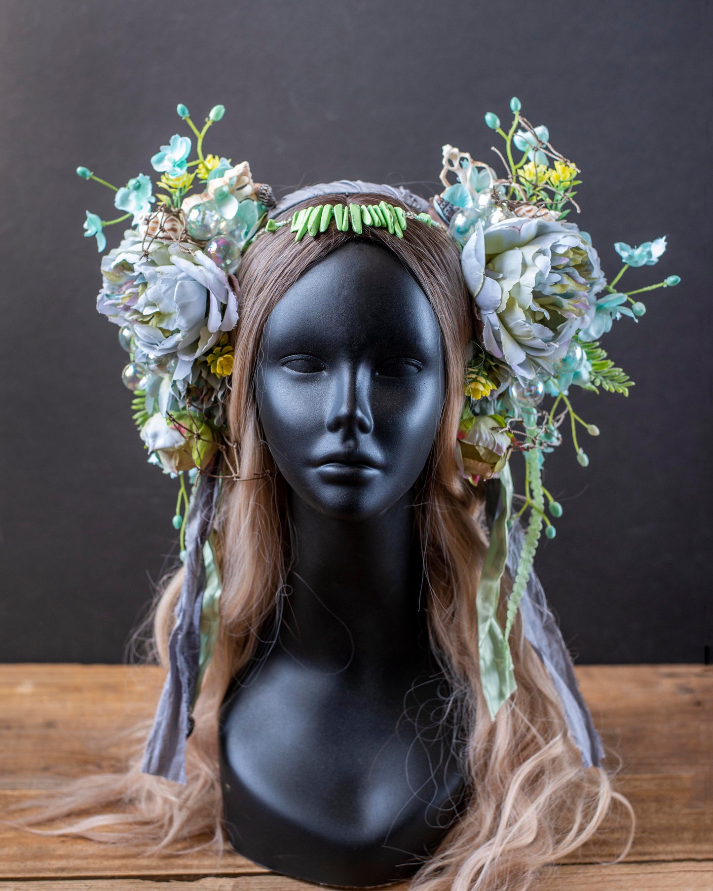 Aqua Blue Mermaid Headdress – Seashell Crown with Vintage Flowers & Ribbons