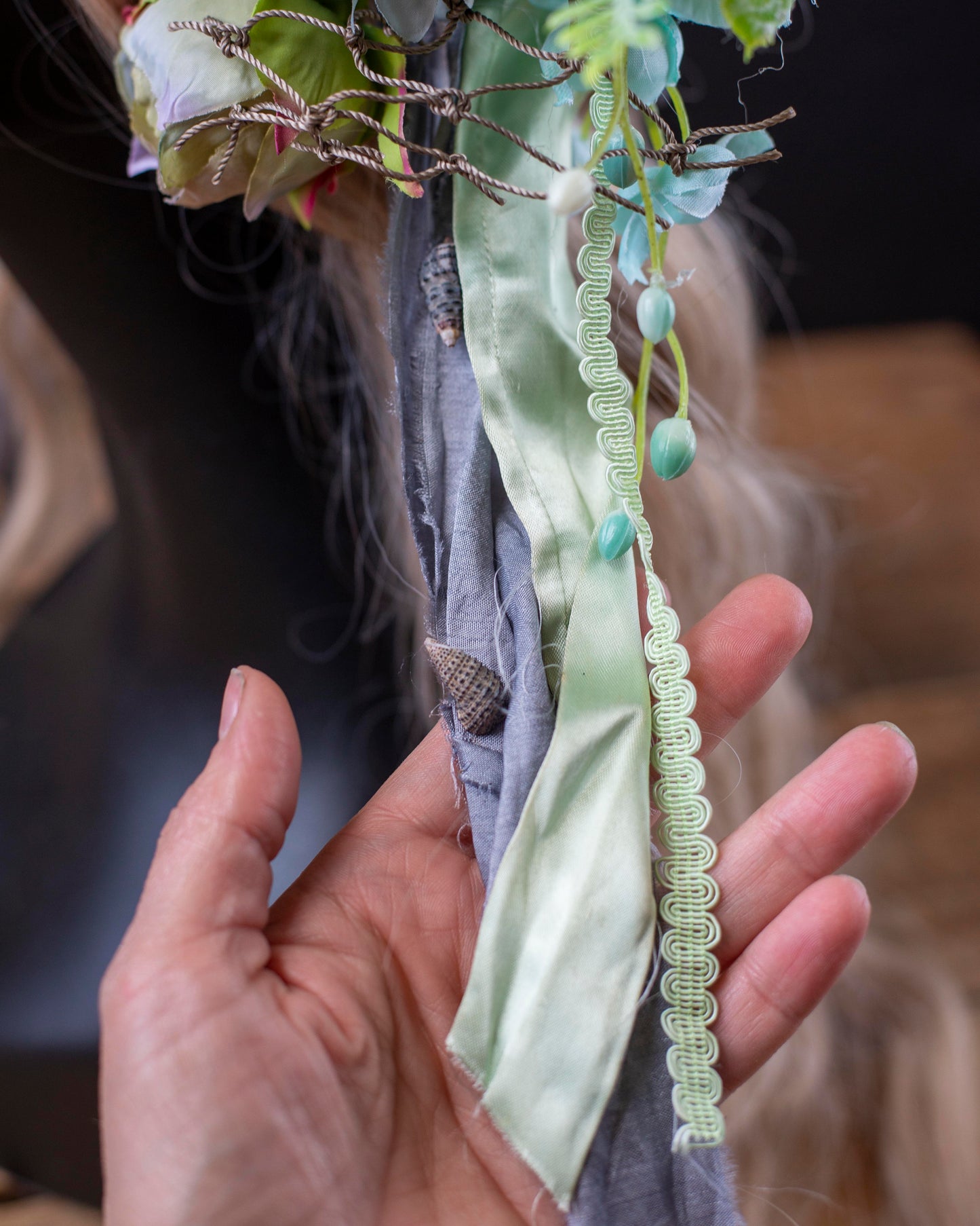 Aqua Blue Mermaid Headdress – Seashell Crown with Vintage Flowers & Ribbons