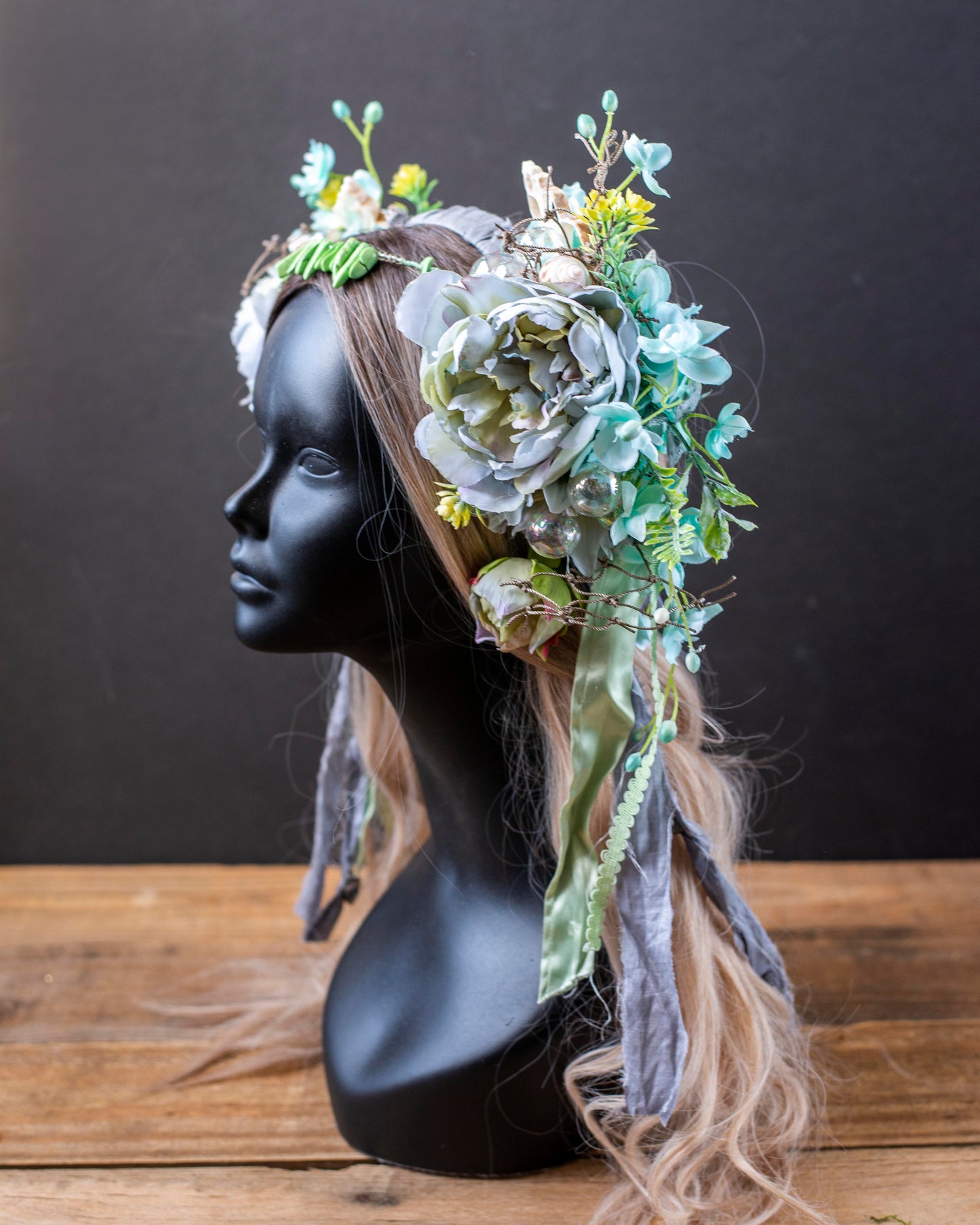 Aqua Blue Mermaid Headdress – Seashell Crown with Vintage Flowers & Ribbons