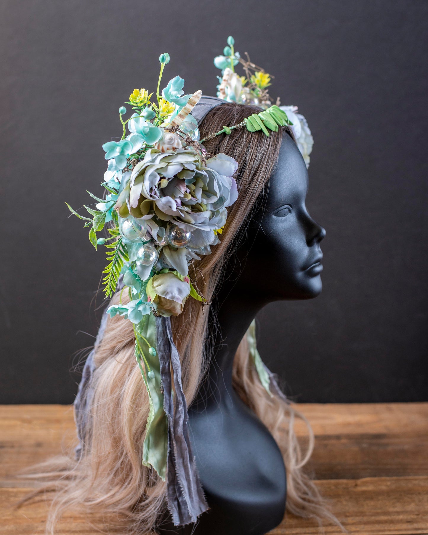 Aqua Blue Mermaid Headdress – Seashell Crown with Vintage Flowers & Ribbons