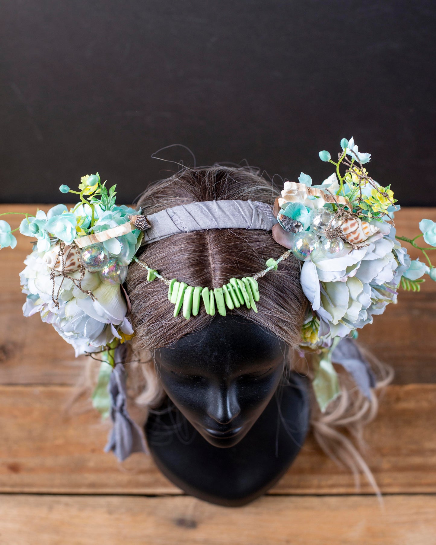 Aqua Blue Mermaid Headdress – Seashell Crown with Vintage Flowers & Ribbons