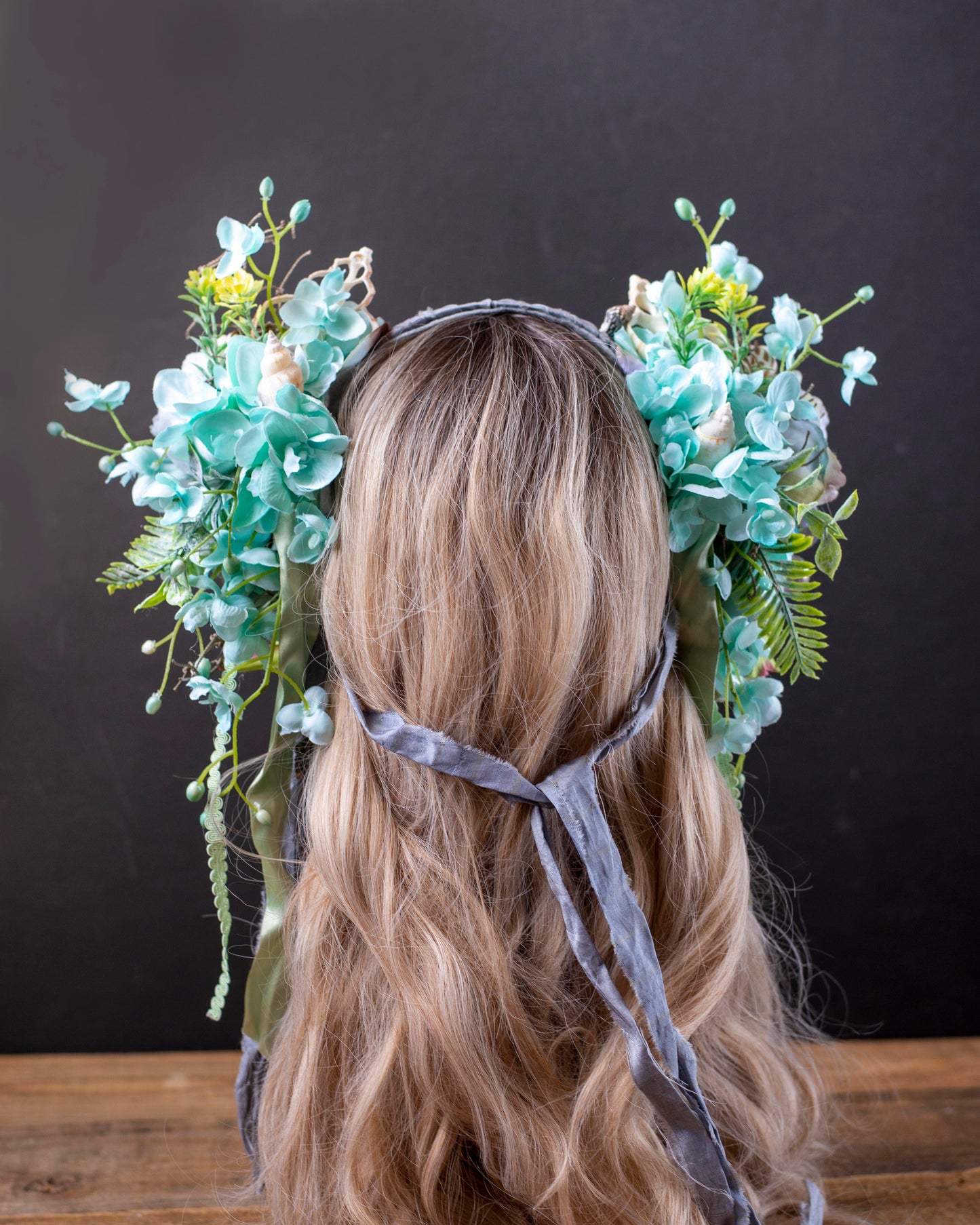 Aqua Blue Mermaid Headdress – Seashell Crown with Vintage Flowers & Ribbons