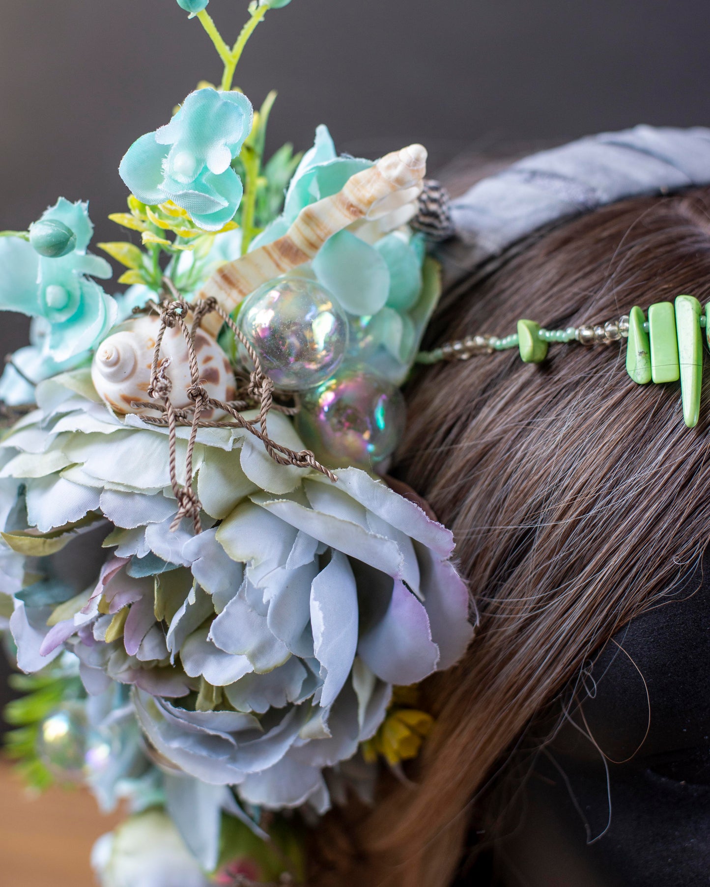 Aqua Blue Mermaid Headdress – Seashell Crown with Vintage Flowers & Ribbons