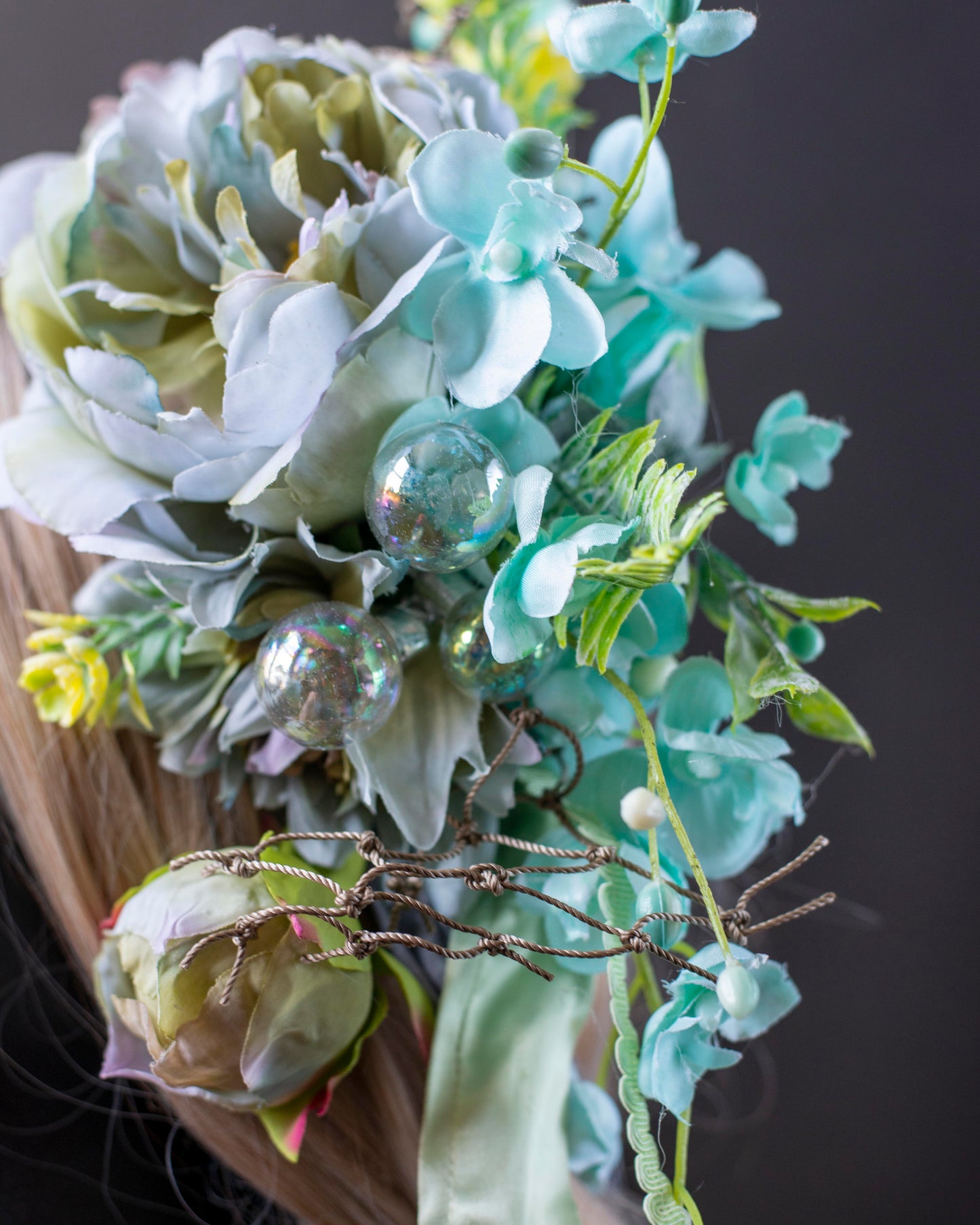 Aqua Blue Mermaid Headdress – Seashell Crown with Vintage Flowers & Ribbons