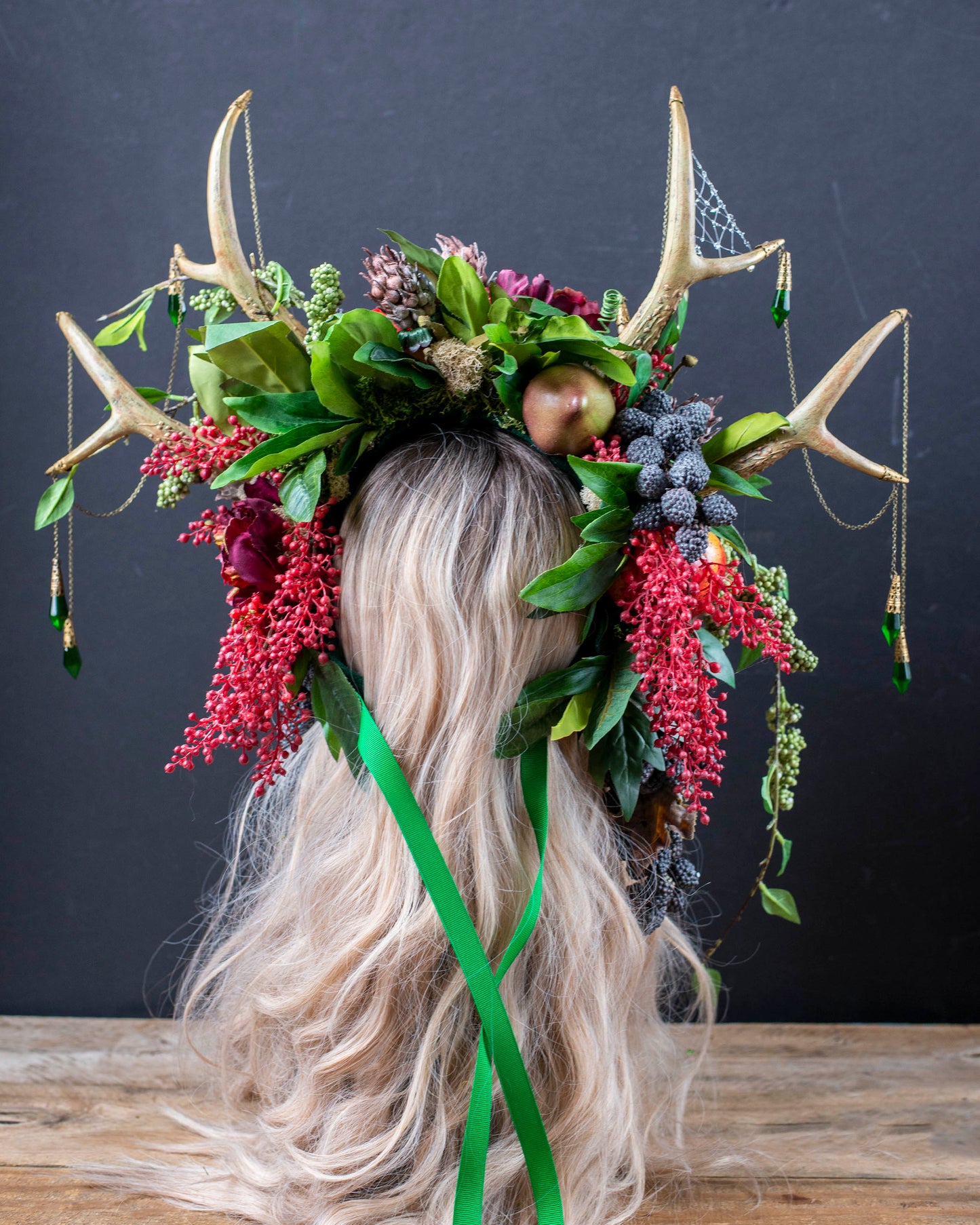 Persephone’s Antler Headdress – Double Antler Fairy Crown with Pomegranates & Moss