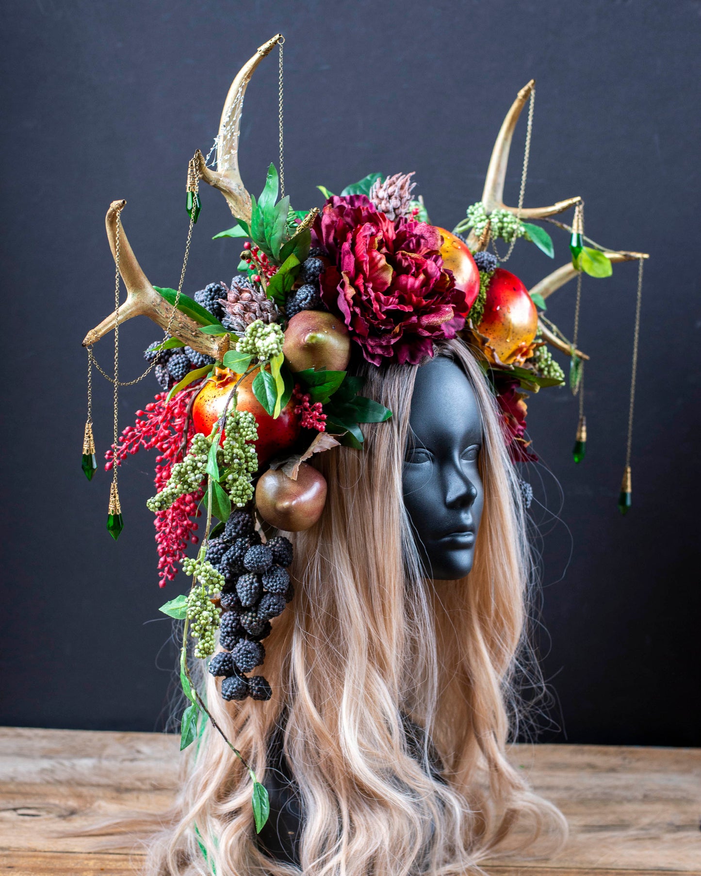 Persephone’s Antler Headdress – Double Antler Fairy Crown with Pomegranates & Moss