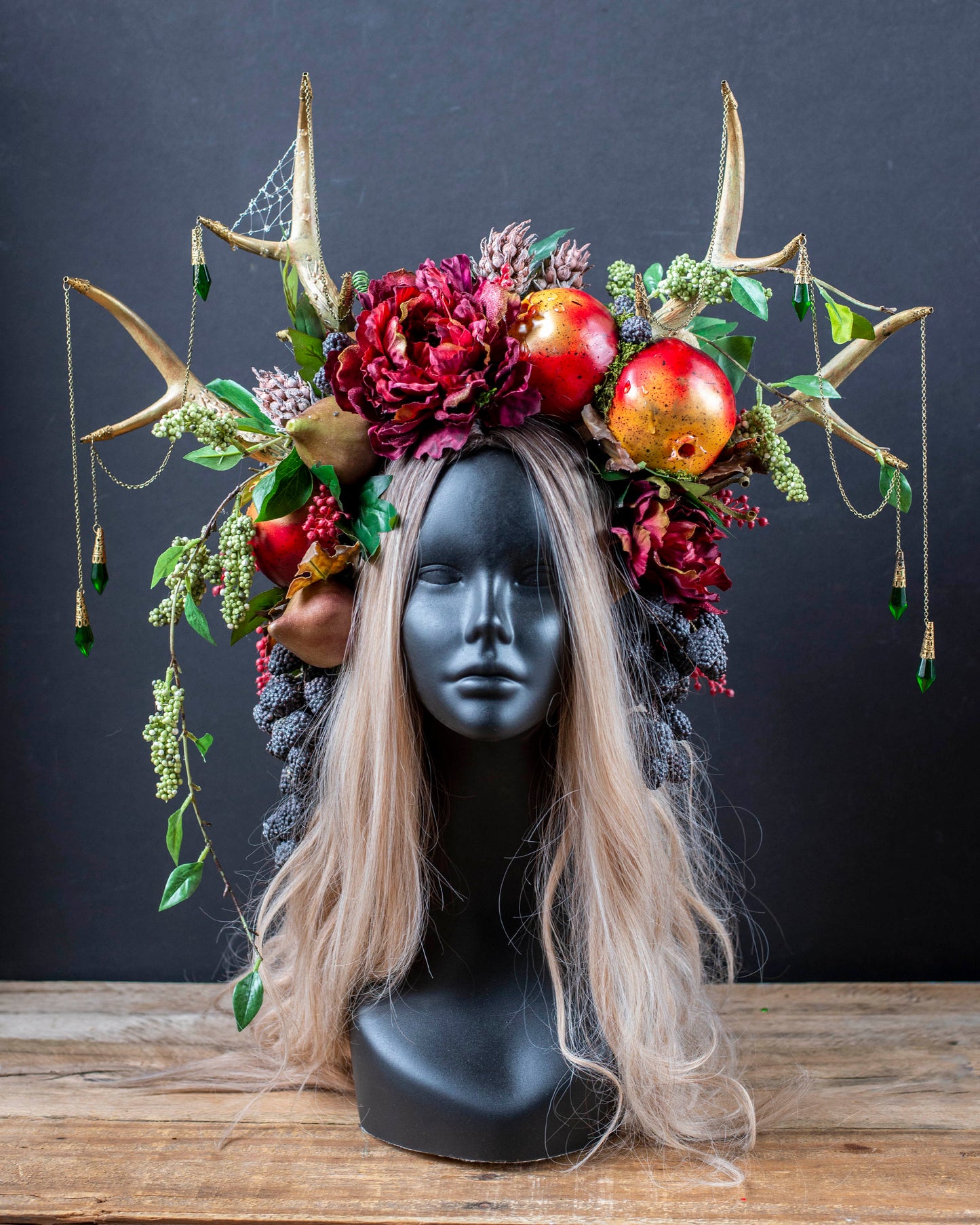 Persephone’s Antler Headdress – Double Antler Fairy Crown with Pomegranates & Moss