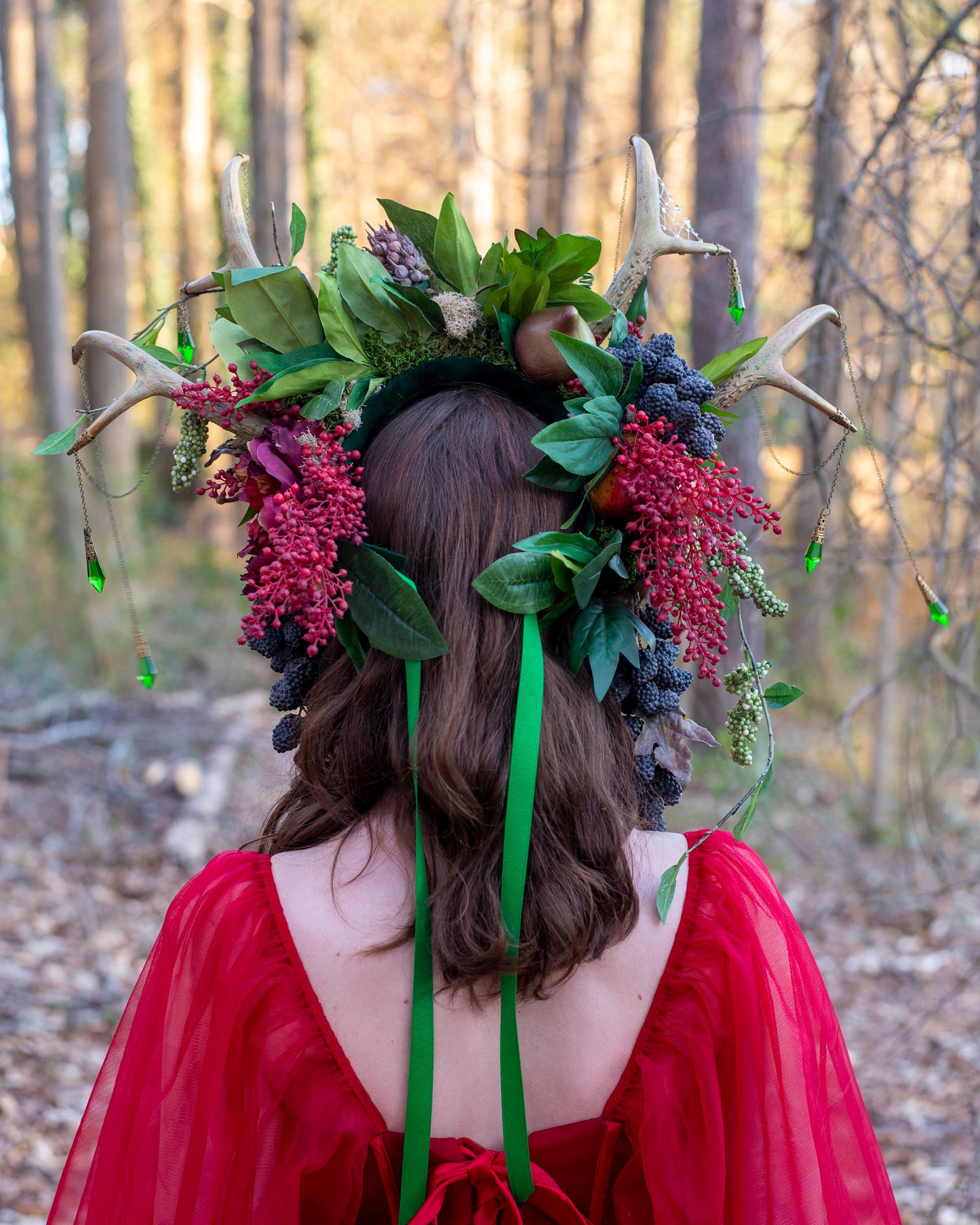 Persephone’s Antler Headdress – Double Antler Fairy Crown with Pomegranates & Moss