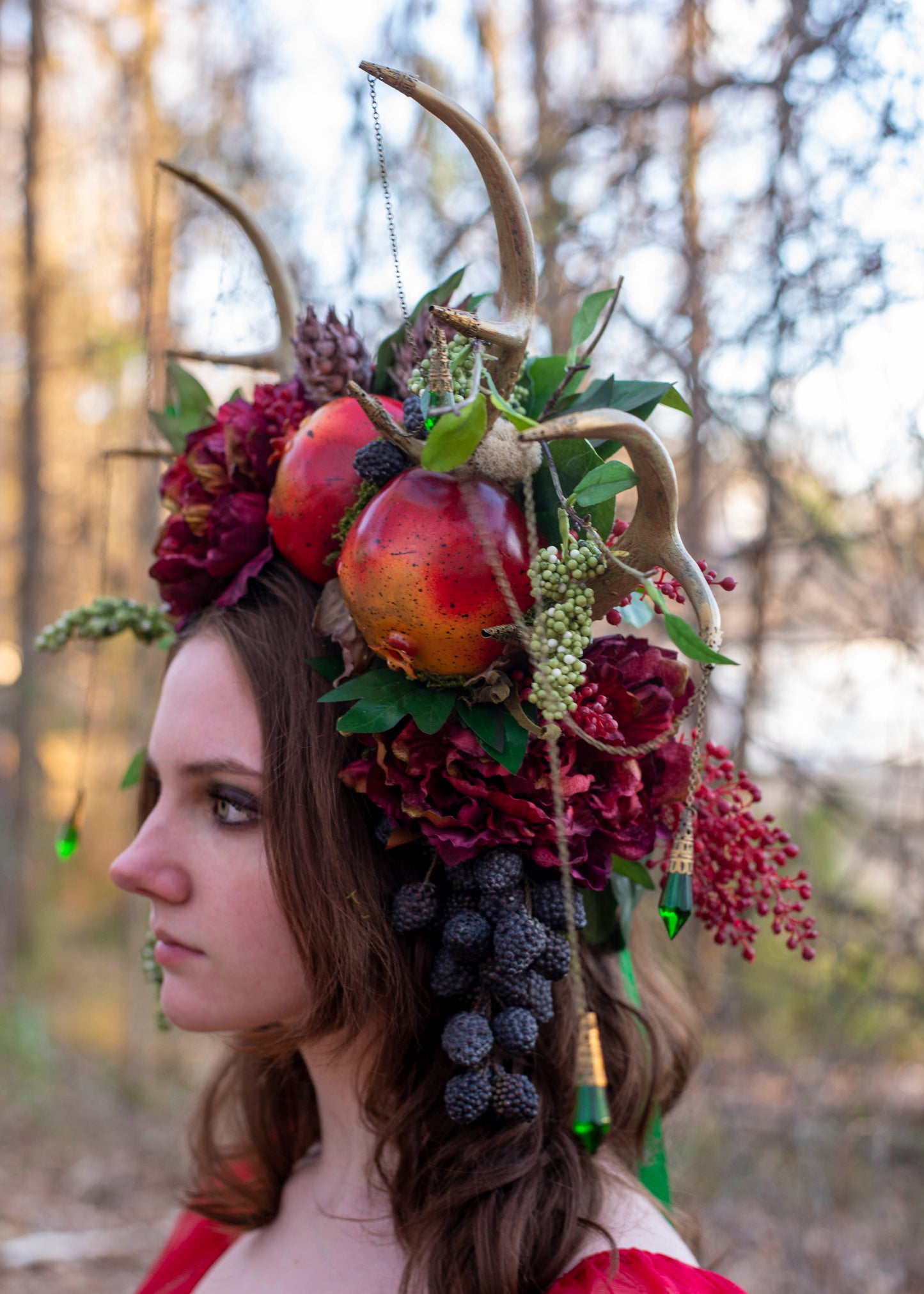 Persephone’s Antler Headdress – Double Antler Fairy Crown with Pomegranates & Moss