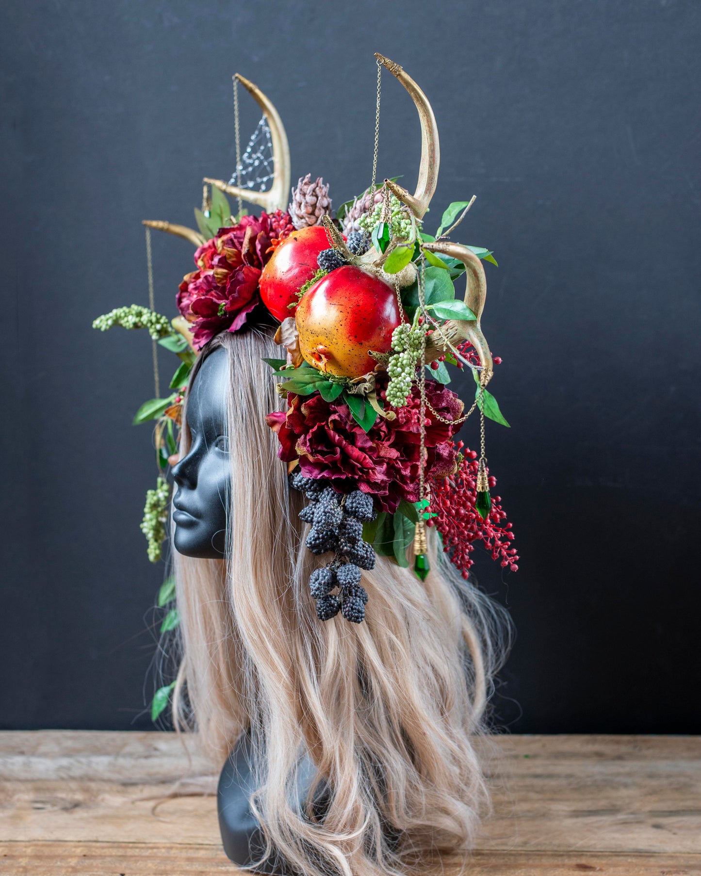 Persephone’s Antler Headdress – Double Antler Fairy Crown with Pomegranates & Moss