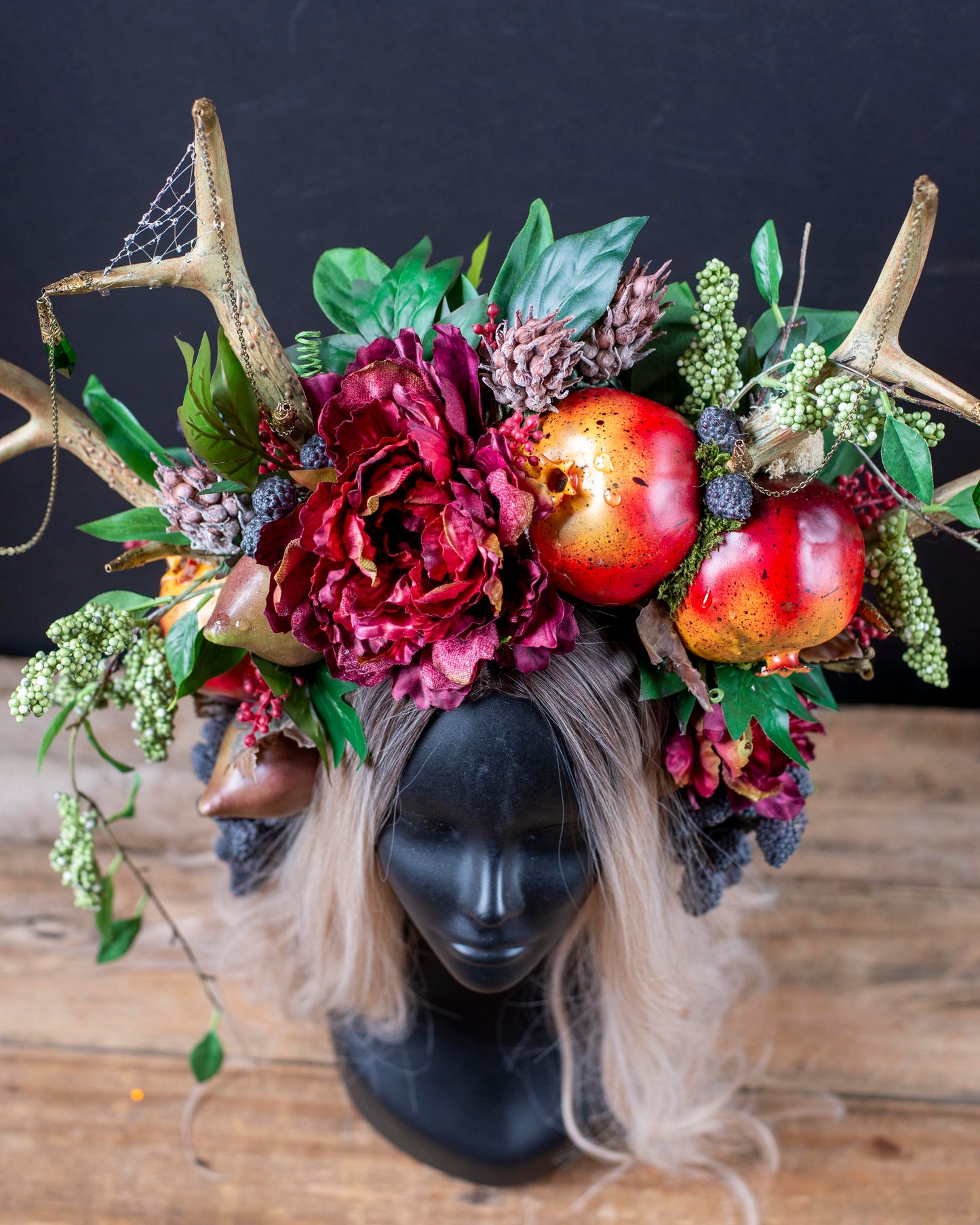 Persephone’s Antler Headdress – Double Antler Fairy Crown with Pomegranates & Moss