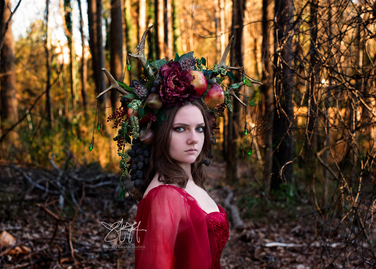 Persephone’s Antler Headdress – Double Antler Fairy Crown with Pomegranates & Moss