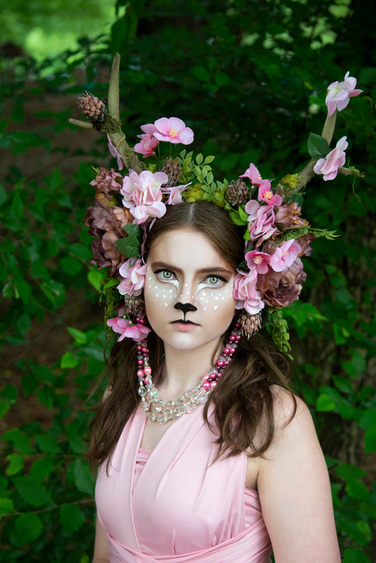 Antler Headdress with Pink Floral Crown for Faun Costumes & Fairytale Weddings