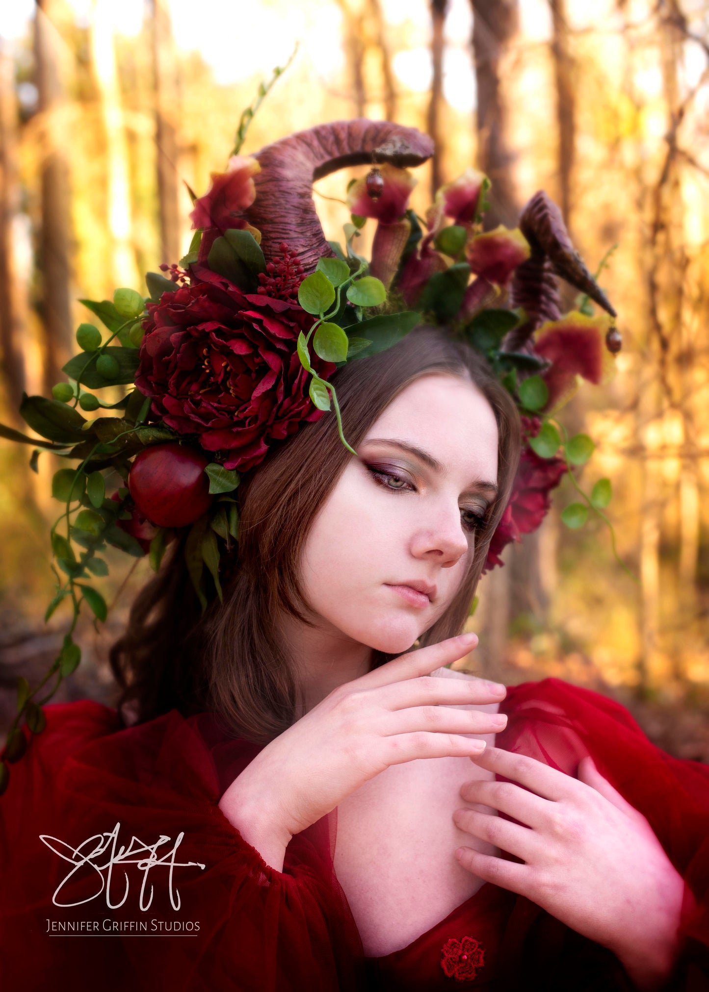 Burgundy Ram Horn Headdress – Fairy Crown, Forest Goddess Headpiece, Renaissance Festival Costume