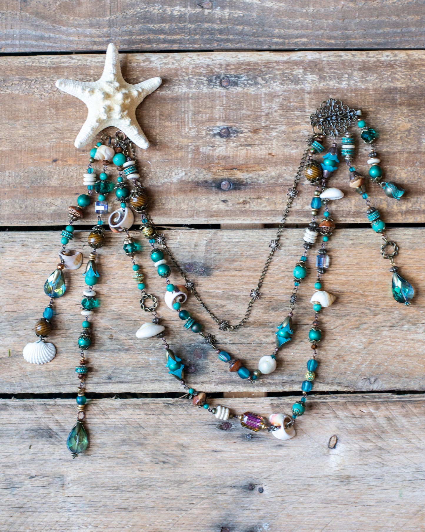 Teal & Bronze Mermaid Headpiece – Starfish Hair Clip with Vintage Beads & Shells