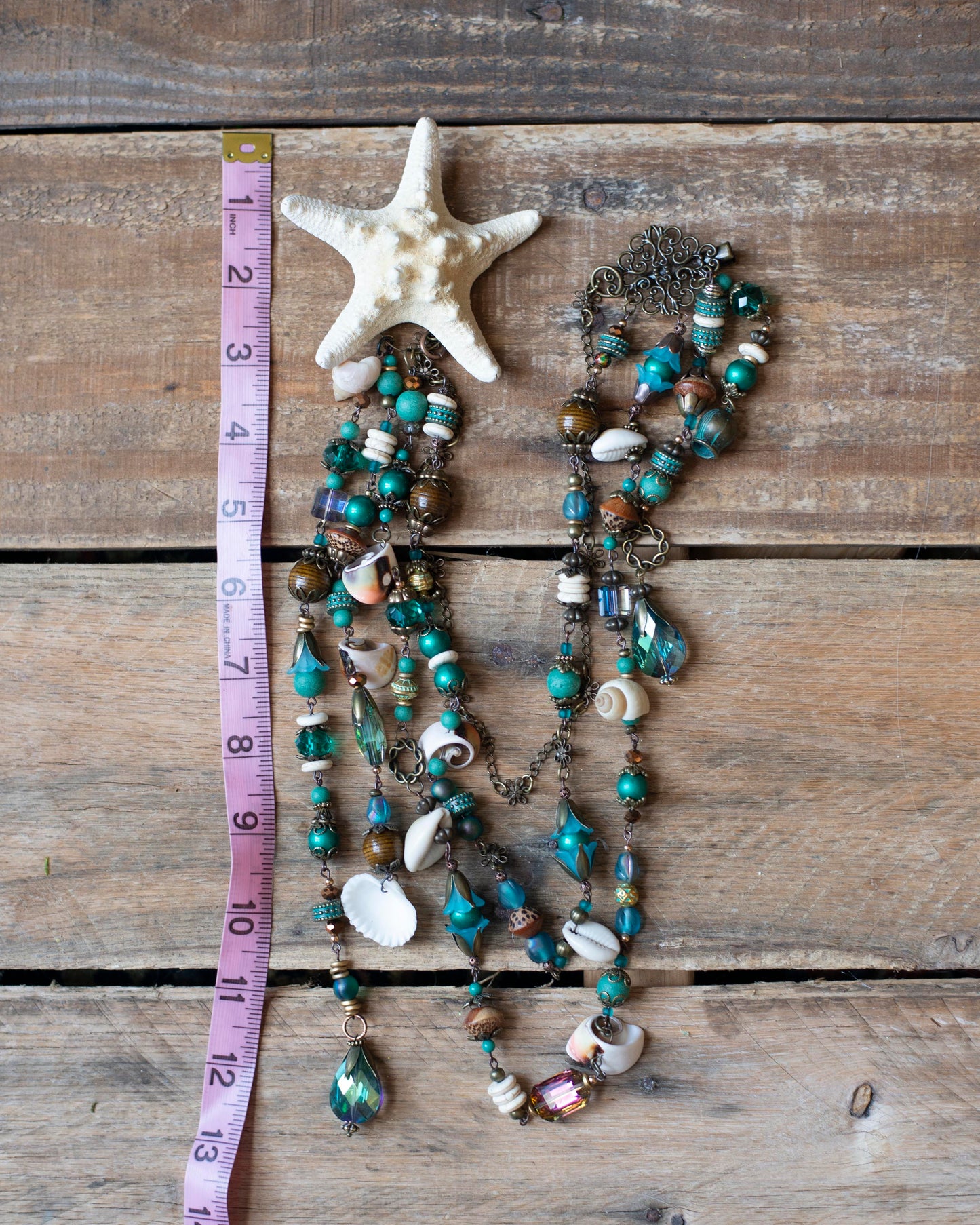 Teal & Bronze Mermaid Headpiece – Starfish Hair Clip with Vintage Beads & Shells