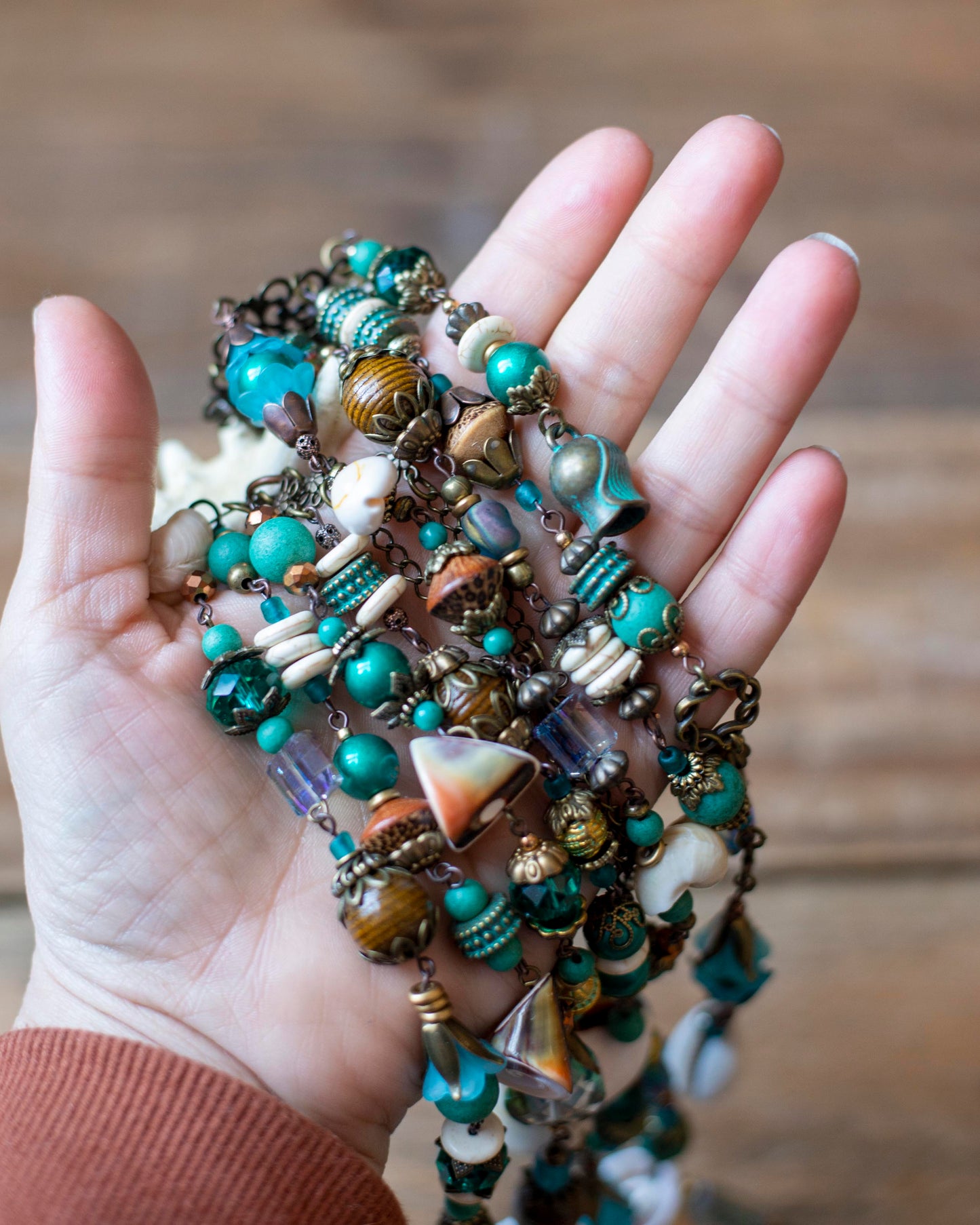 Teal & Bronze Mermaid Headpiece – Starfish Hair Clip with Vintage Beads & Shells