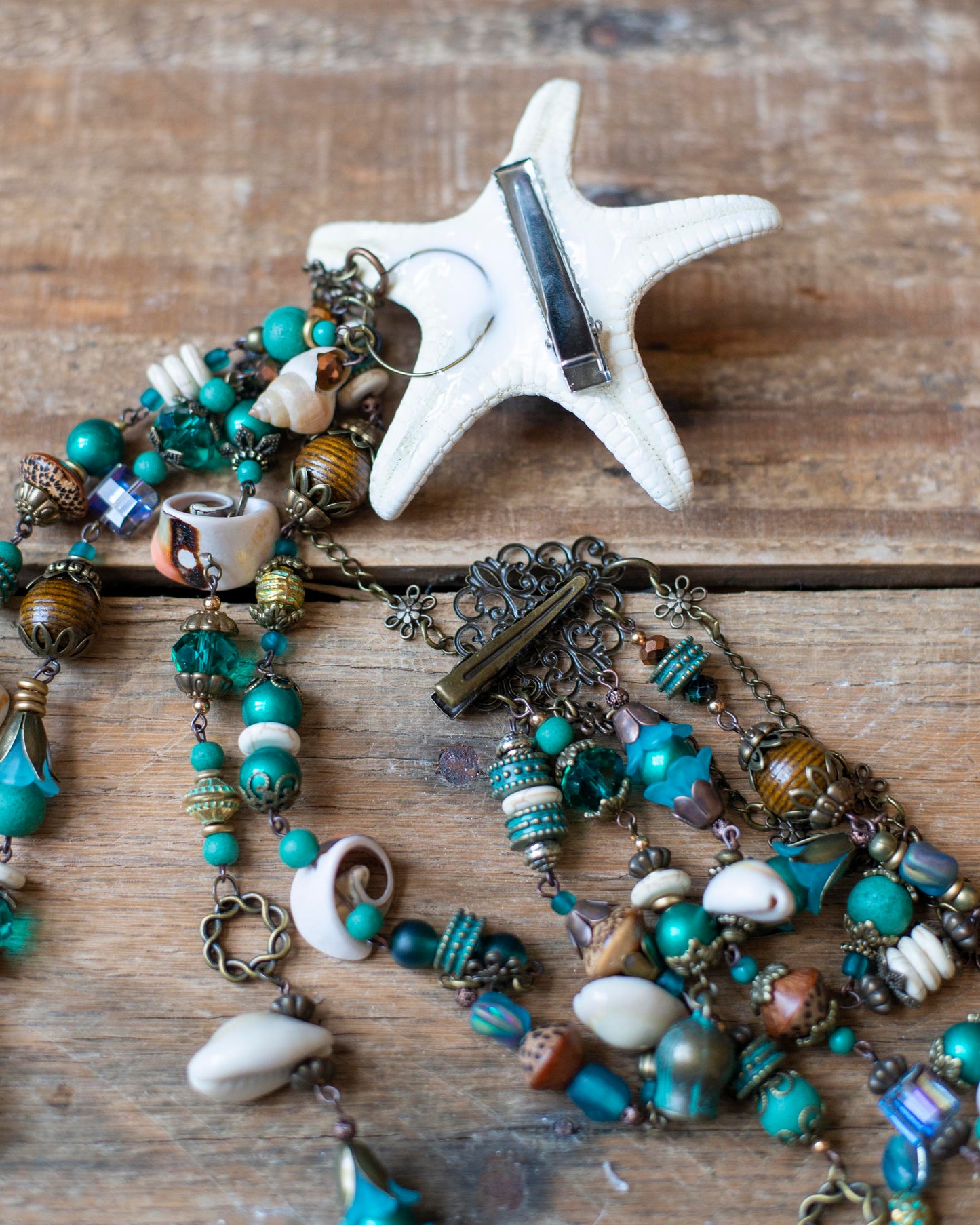 Teal & Bronze Mermaid Headpiece – Starfish Hair Clip with Vintage Beads & Shells