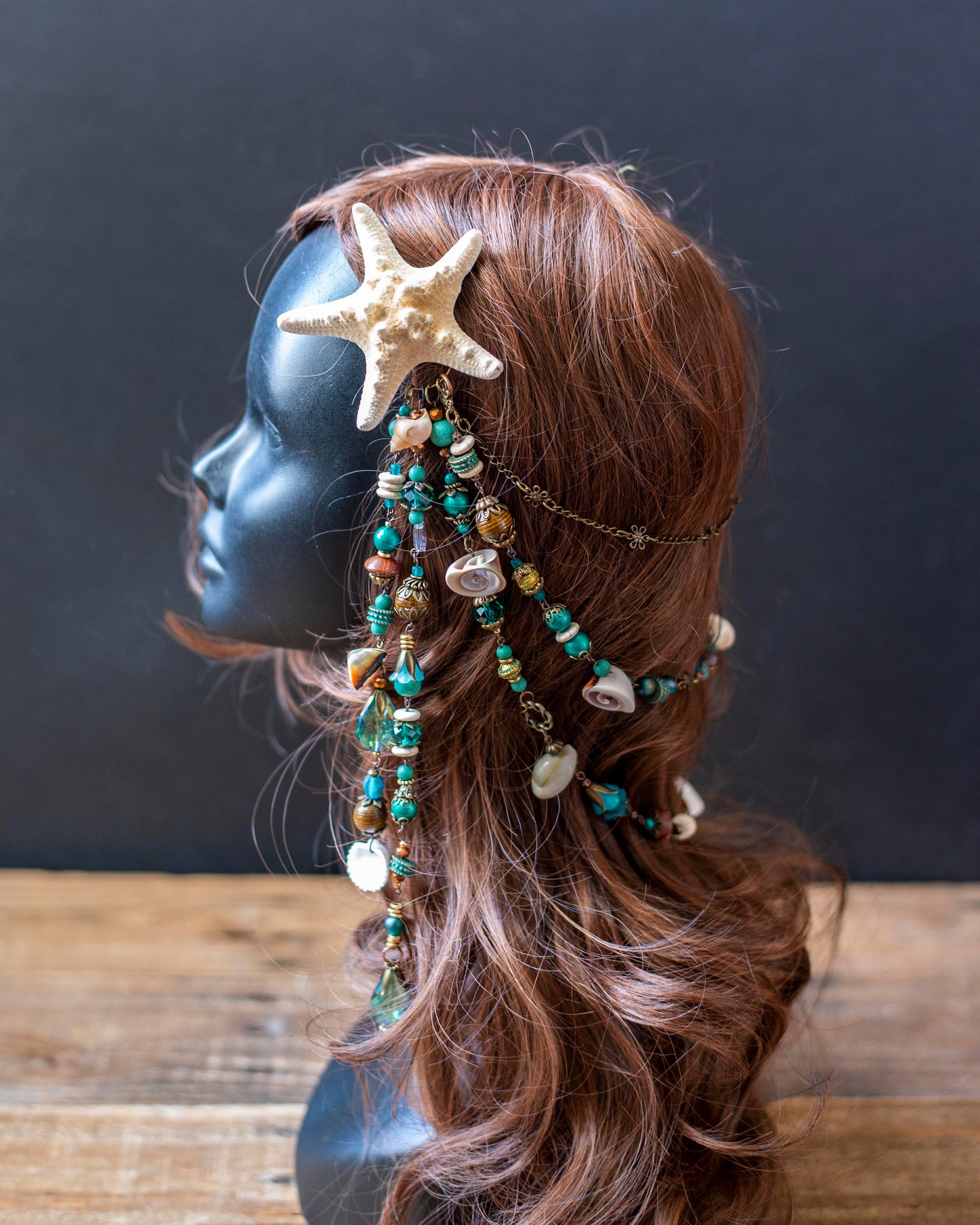 Teal & Bronze Mermaid Headpiece – Starfish Hair Clip with Vintage Beads & Shells