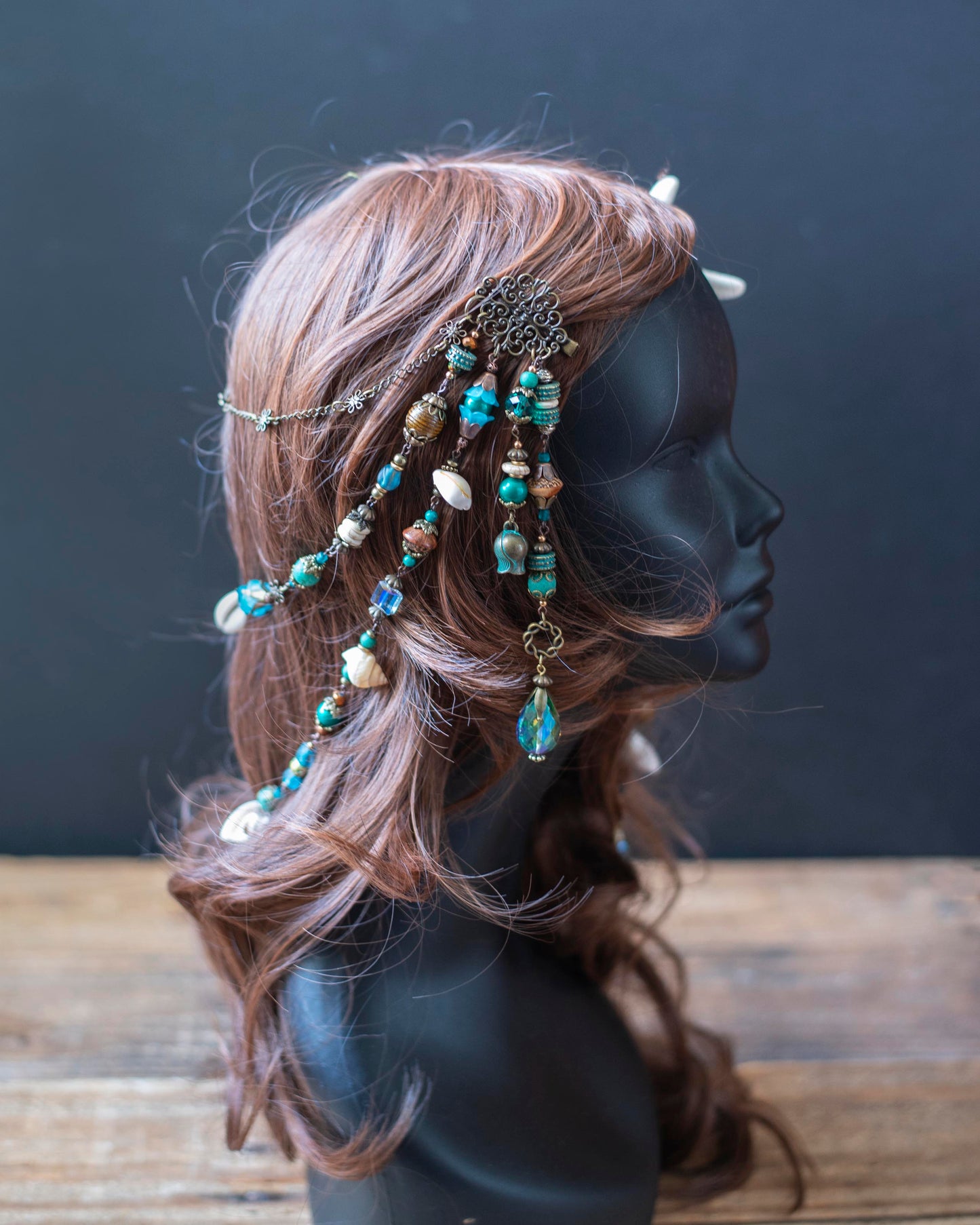 Teal & Bronze Mermaid Headpiece – Starfish Hair Clip with Vintage Beads & Shells